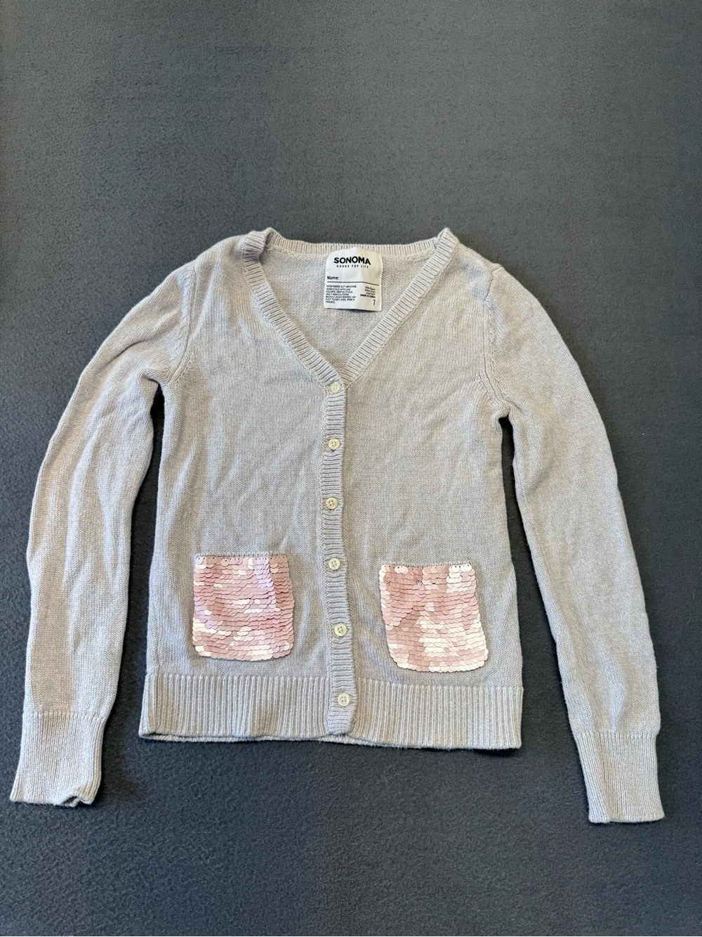 Sonoma Gray V-Neck Cardigan with Pink Sequin Pockets
